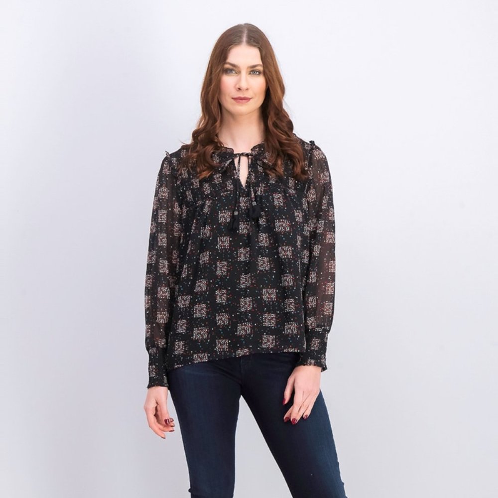 DANIEL RAINN black speckled plaid smocked tie neck lightweight layered blouse